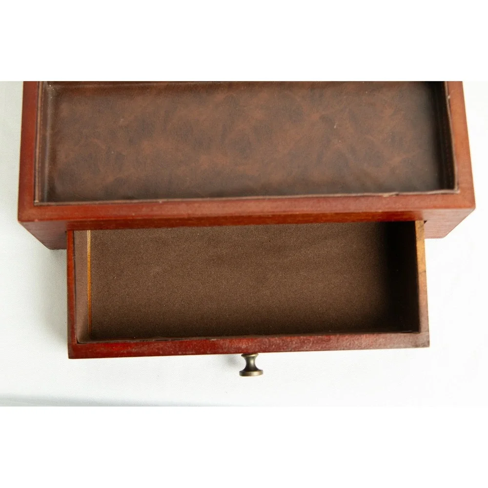 Vintage Wood Valet Box Jewelry Organizer Charging Station Brown Faux Leather